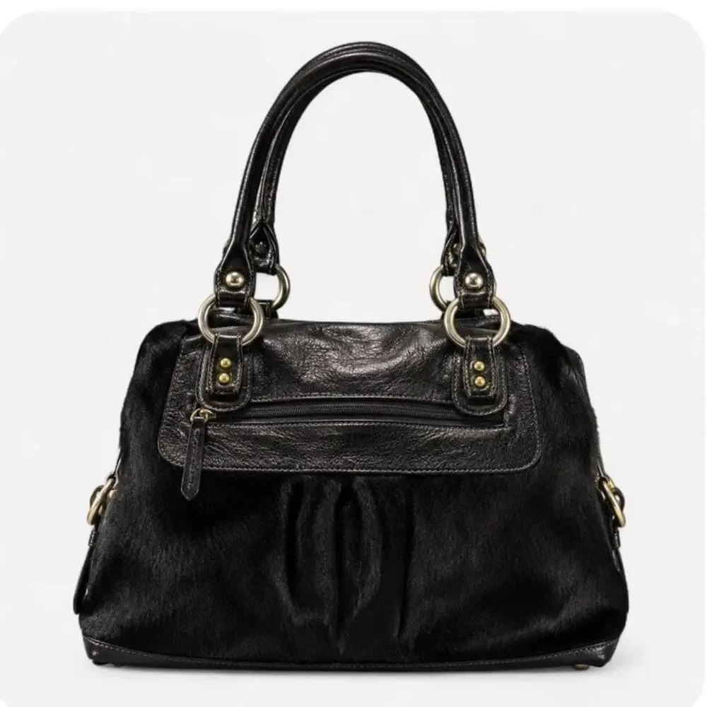 Pulicati Made In Italy Black Genuine Leather Calf Hair Boho Shoulder Handbag